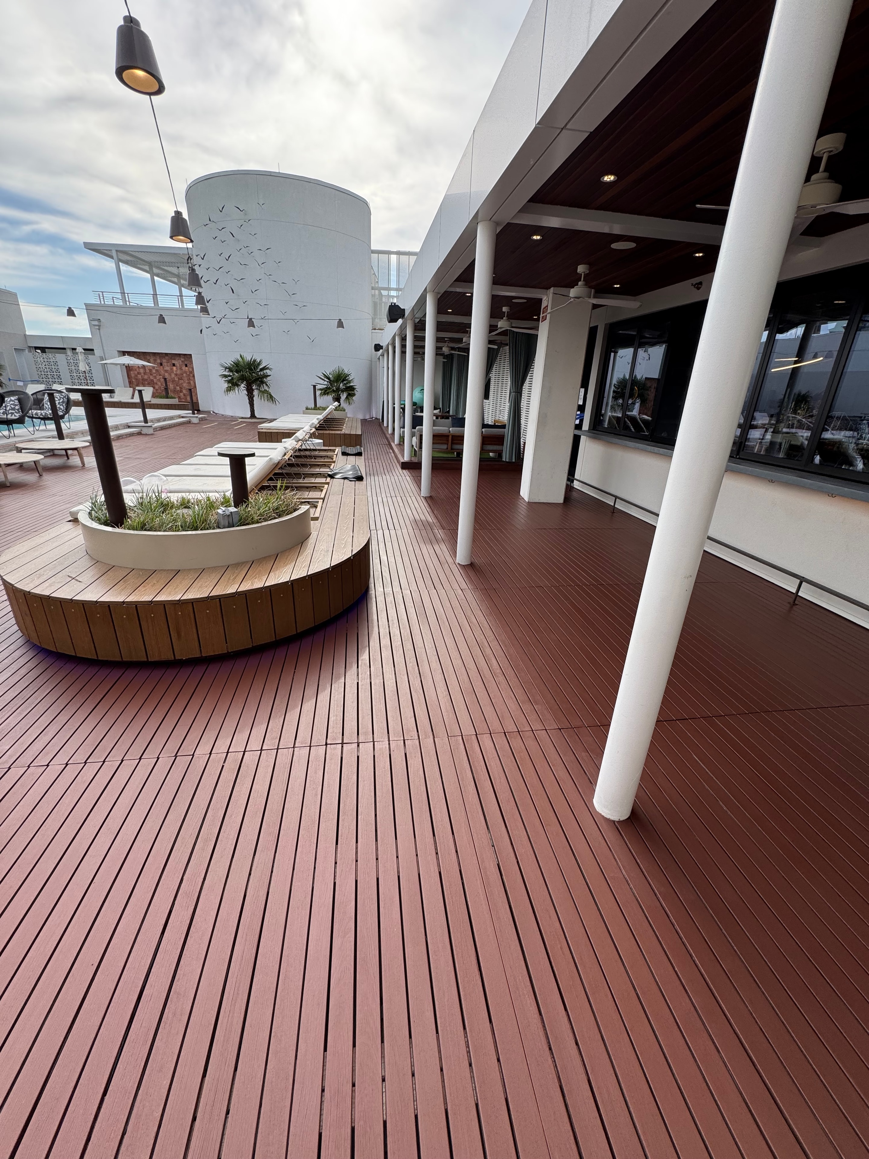 Modern commercial building exterior with wood siding
