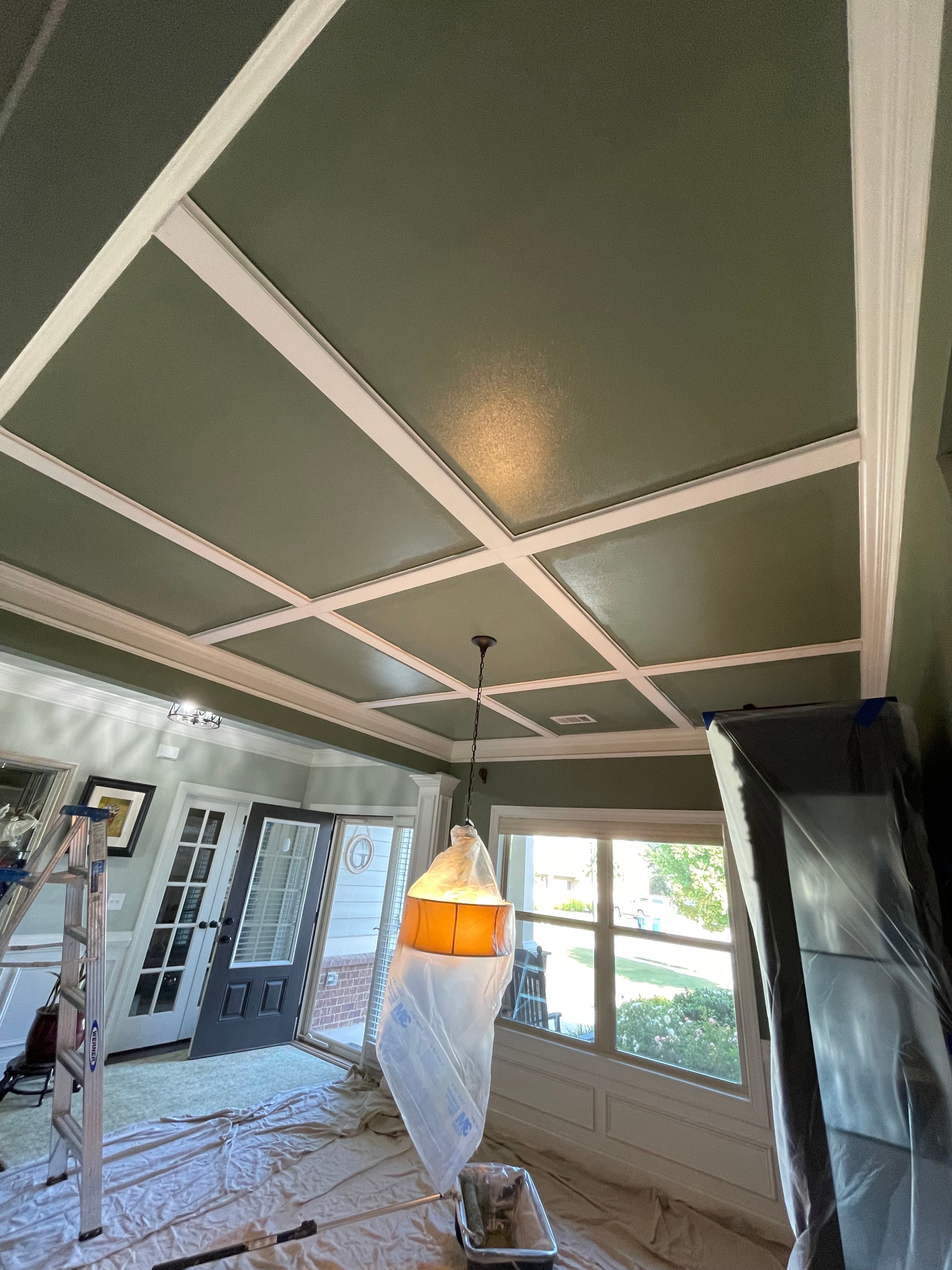 Sage green interior walls with white coffered ceiling